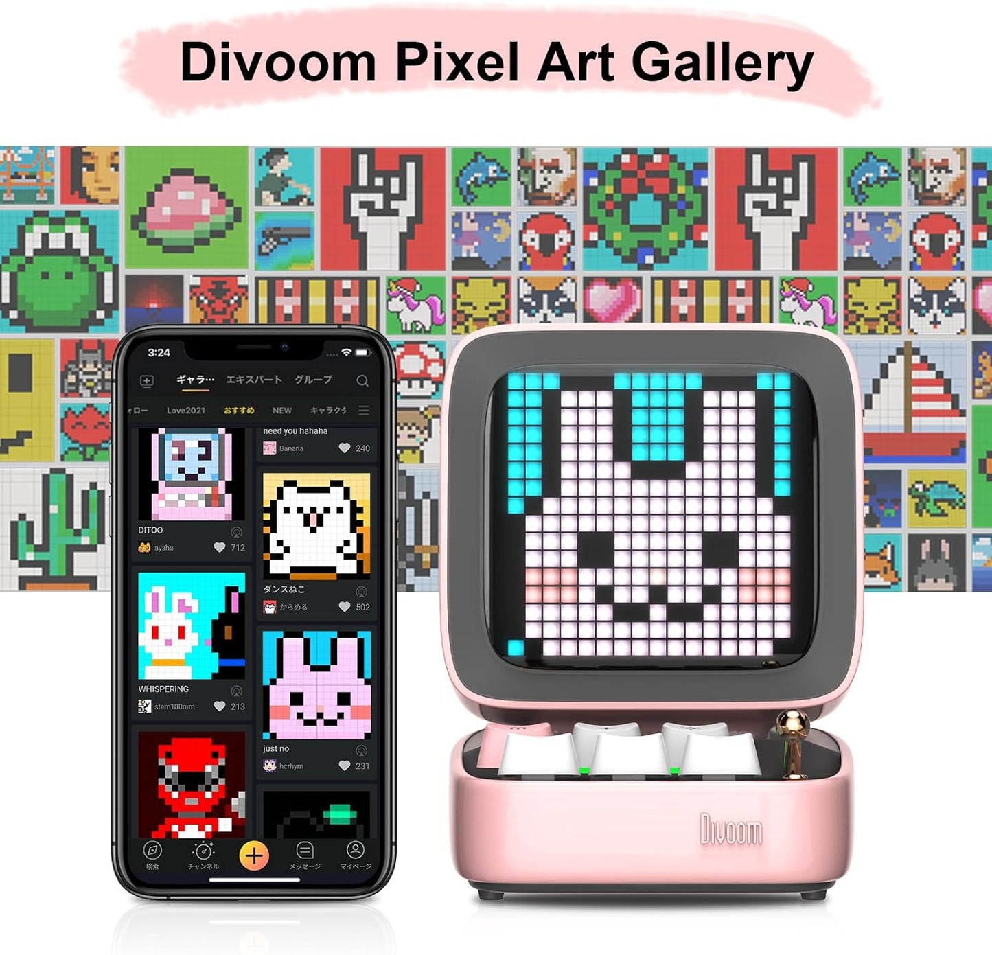 Ditoo Retro Pixel Art Game Bluetooth Speaker with 16X16 LED App Controlled Front Screen (Pink)